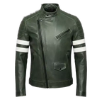 Men’s Olive Green Moto Leather Jacket  White Stripe Biker Jacket