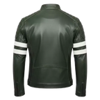 Men’s Olive Green Moto Leather Jacket  White Stripe Biker Jacket