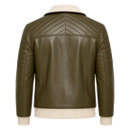 Men’s Olive Green Quilted Leather Bomber Jacket  Zip-Up Ribbed Trim Jacket