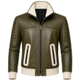 Men’s Olive Green Quilted Leather Bomber Jacket  Zip-Up Ribbed Trim Jacket