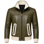 Men’s Olive Green Quilted Leather Bomber Jacket  Zip-Up Ribbed Trim Jacket