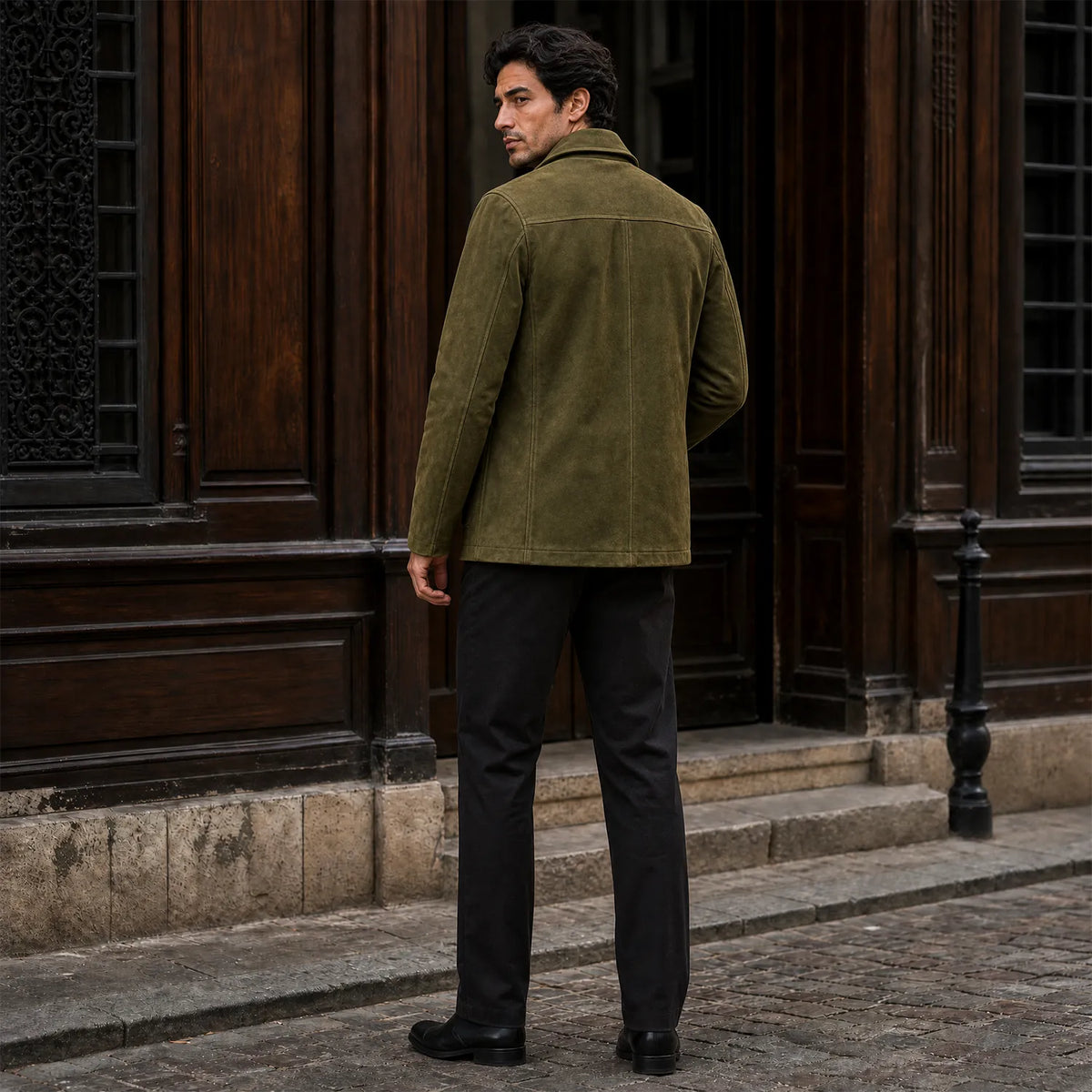 Men’s Olive Green Suede Peacoat | Premium Double Breasted Leather Coat