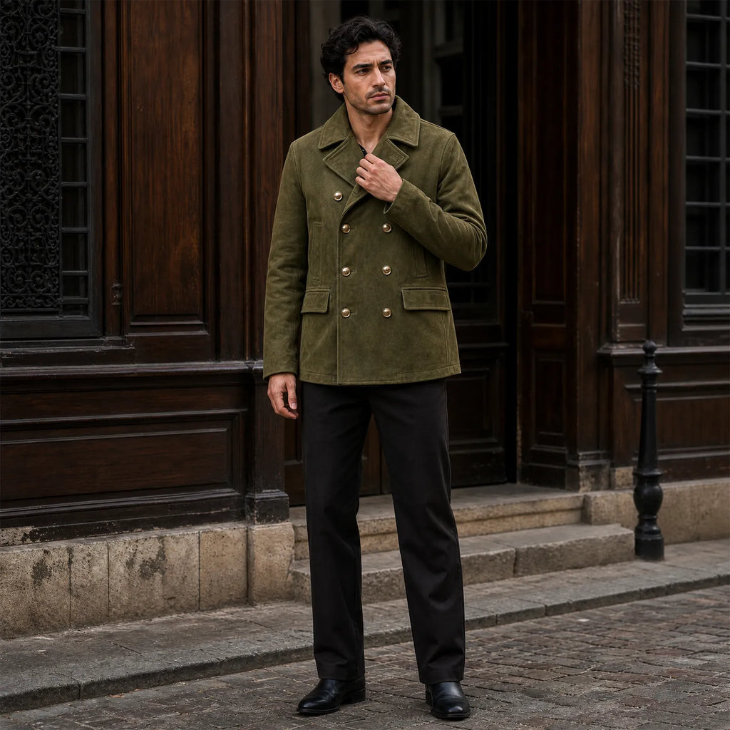 Men’s Olive Green Suede Peacoat | Premium Double Breasted Leather Coat