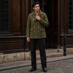 Men’s Olive Green Suede Peacoat | Premium Double Breasted Leather Coat