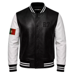 Men’s Portugal-Inspired Black & White Varsity Leather Jacket – R7 Style Bomber Jacket