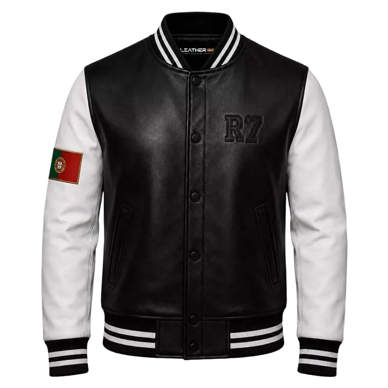 Men’s Portugal-Inspired Black & White Varsity Leather Jacket – R7 Style Bomber Jacket