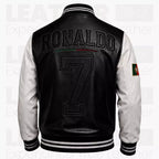 Men’s Portugal-Inspired Black & White Varsity Leather Jacket – R7 Style Bomber Jacket