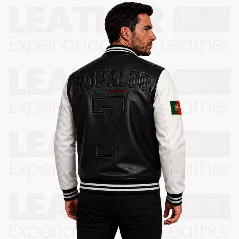 Men’s Portugal-Inspired Black & White Varsity Leather Jacket – R7 Style Bomber Jacket