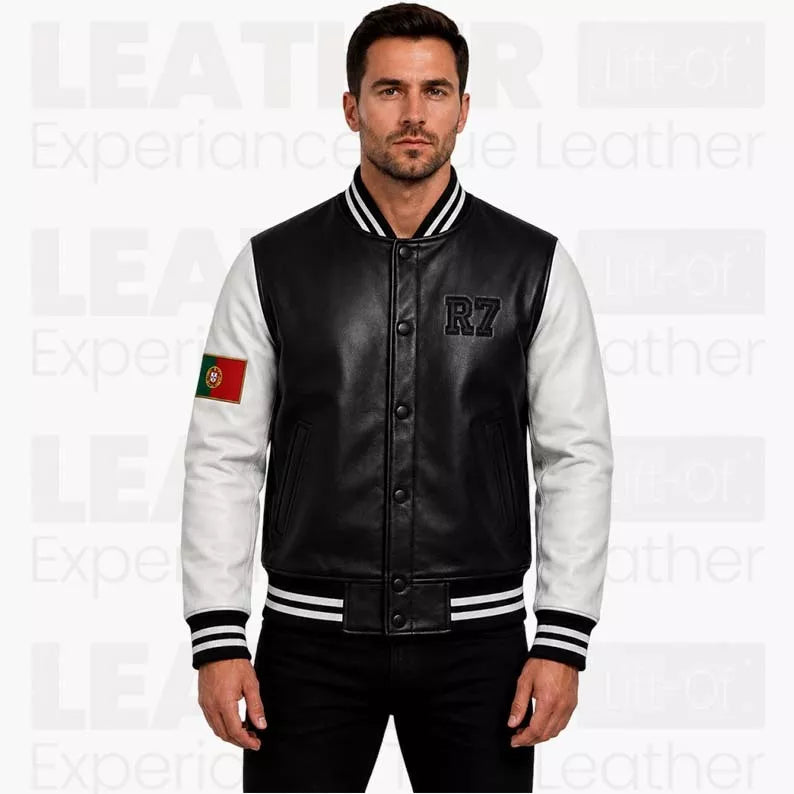 Men’s Portugal-Inspired Black & White Varsity Leather Jacket – R7 Style Bomber Jacket