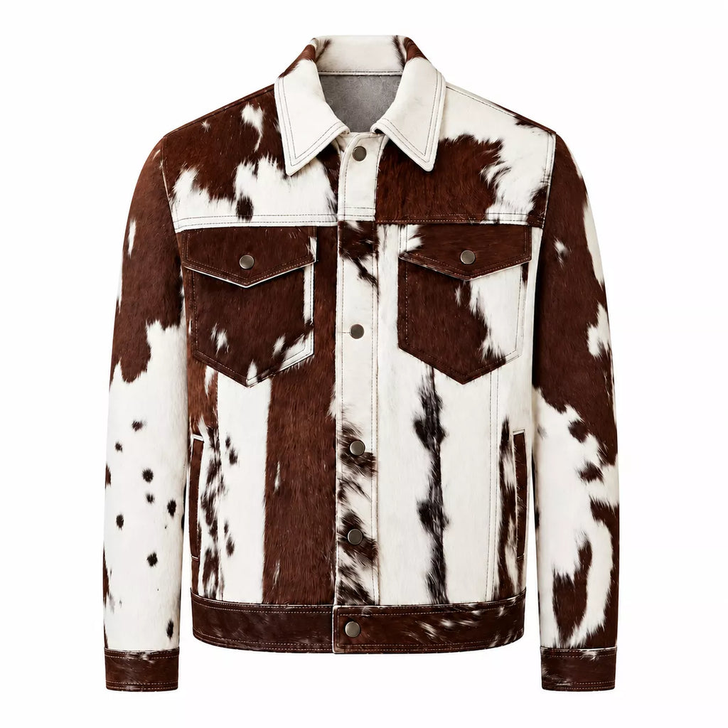 Men’s Real Hair On Hide Cowhide Jacket | Brown White Western Leather Trucker Jacket