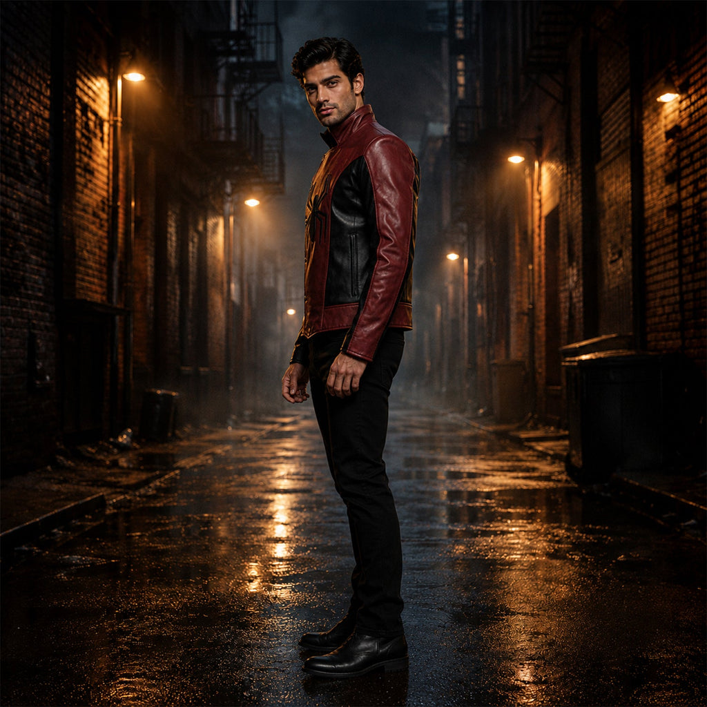 Men’s Red Black Spider Emblem Leather Jacket | Biker Style Moto Jacket