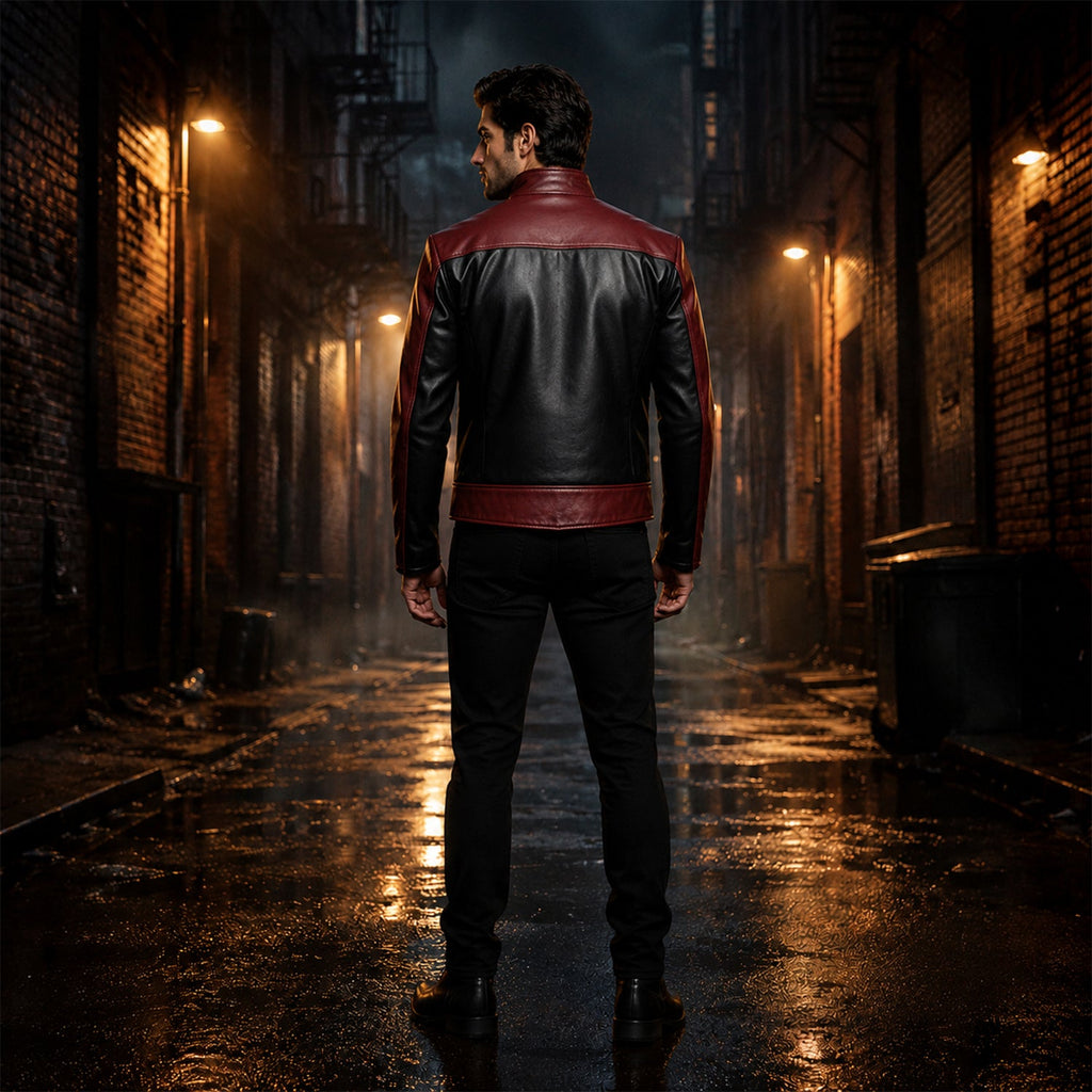 Men’s Red Black Spider Emblem Leather Jacket | Biker Style Moto Jacket