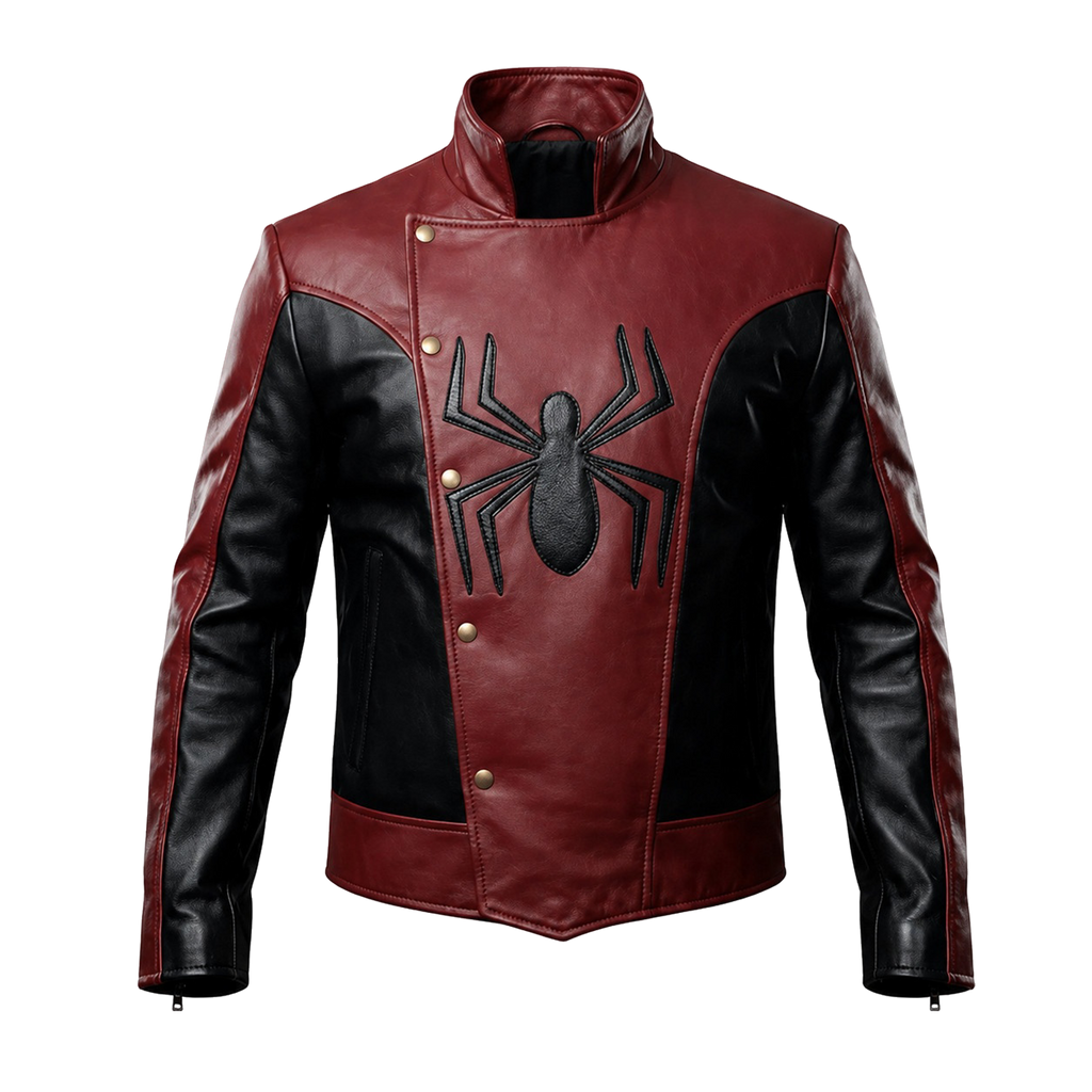 Men’s Red Black Spider Emblem Leather Jacket | Biker Style Moto Jacket