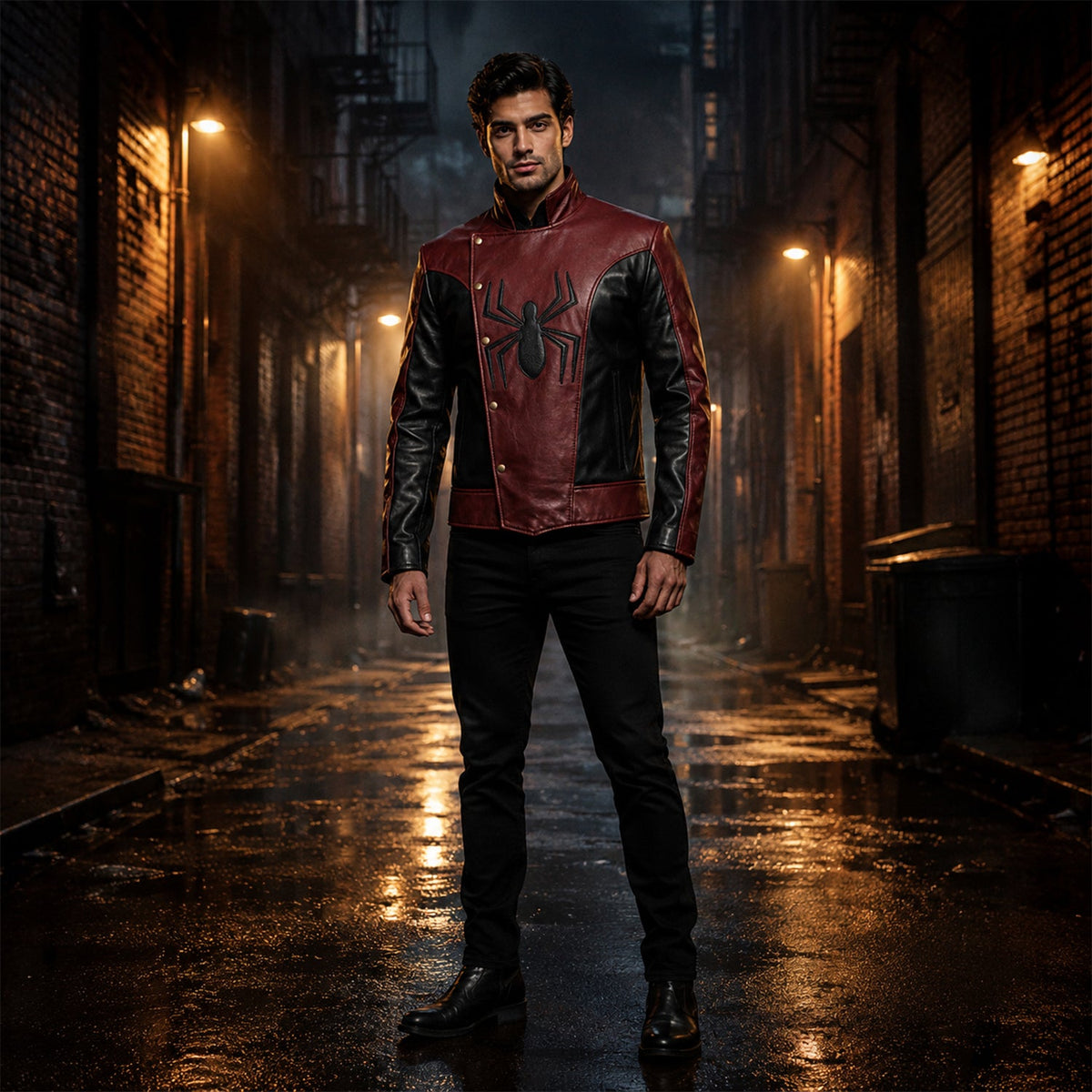 Men’s Red Black Spider Emblem Leather Jacket | Biker Style Moto Jacket