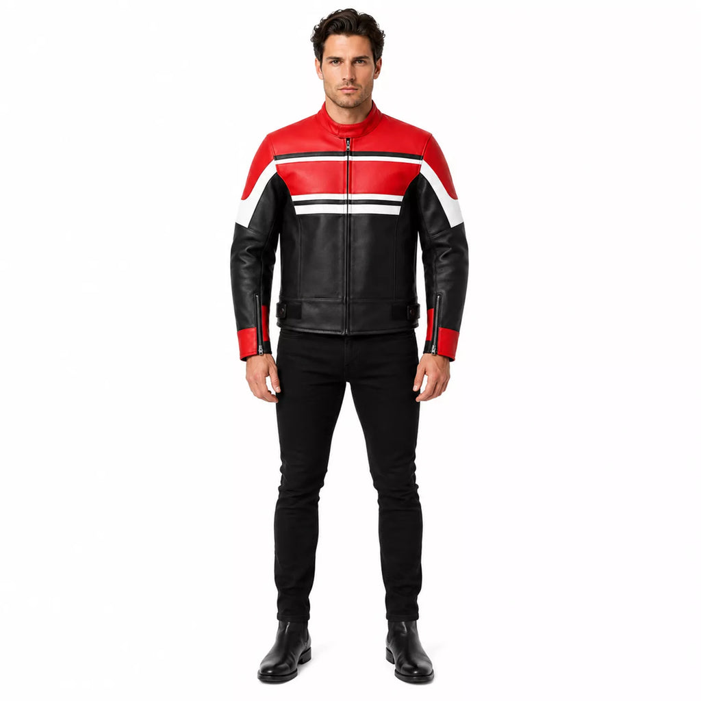 Men’s Red Black White Leather Biker Jacket | Moto Style
