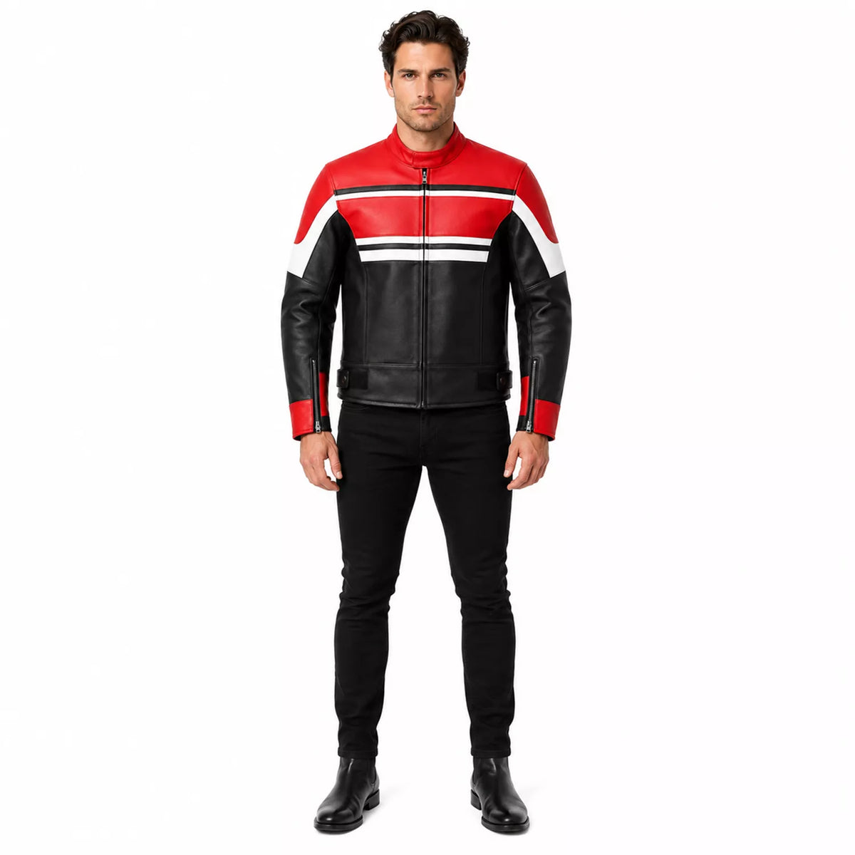 Men’s Red Black White Leather Biker Jacket | Moto Style