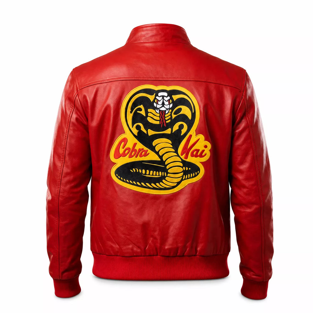Men’s Red Leather Bomber Jacket | Karate kid Cobra Kai Inspired Varsity Jacket