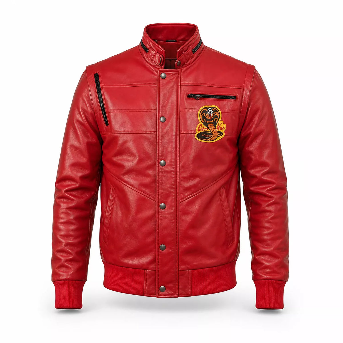 Men’s Red Leather Bomber Jacket | Karate kid Cobra Kai Inspired Varsity Jacket