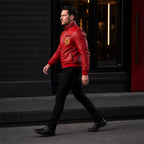 Men’s Red Leather Bomber Jacket | Karate kid Cobra Kai Inspired Varsity Jacket