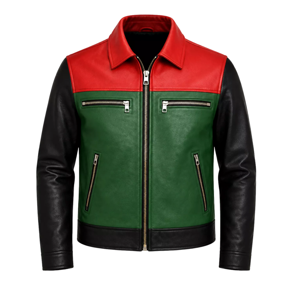 Men’s Retro Colorblock Leather Jacket | Zip Front Racer Style