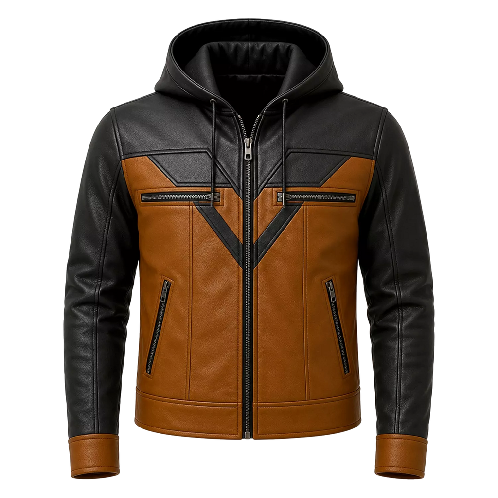 Men’s Tan Black Hooded Leather Biker Jacket | Zip-Up Moto Jacket