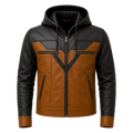 Men’s Tan Black Hooded Leather Biker Jacket | Zip-Up Moto Jacket