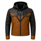 Men’s Tan Black Hooded Leather Biker Jacket | Zip-Up Moto Jacket