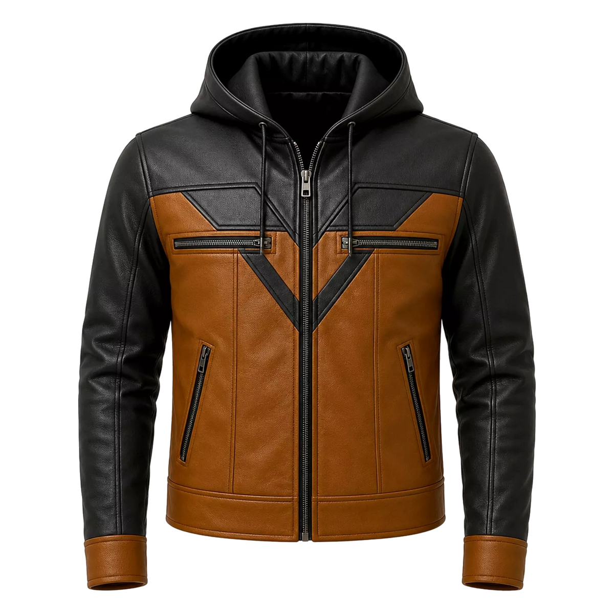 Men’s Tan Black Hooded Leather Biker Jacket | Zip-Up Moto Jacket