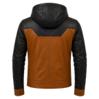 Men’s Tan Black Hooded Leather Biker Jacket | Zip-Up Moto Jacket