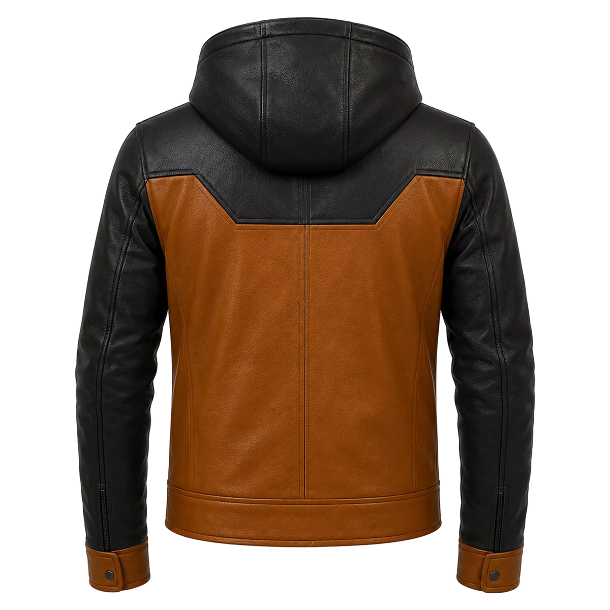 Men’s Tan Black Hooded Leather Biker Jacket | Zip-Up Moto Jacket