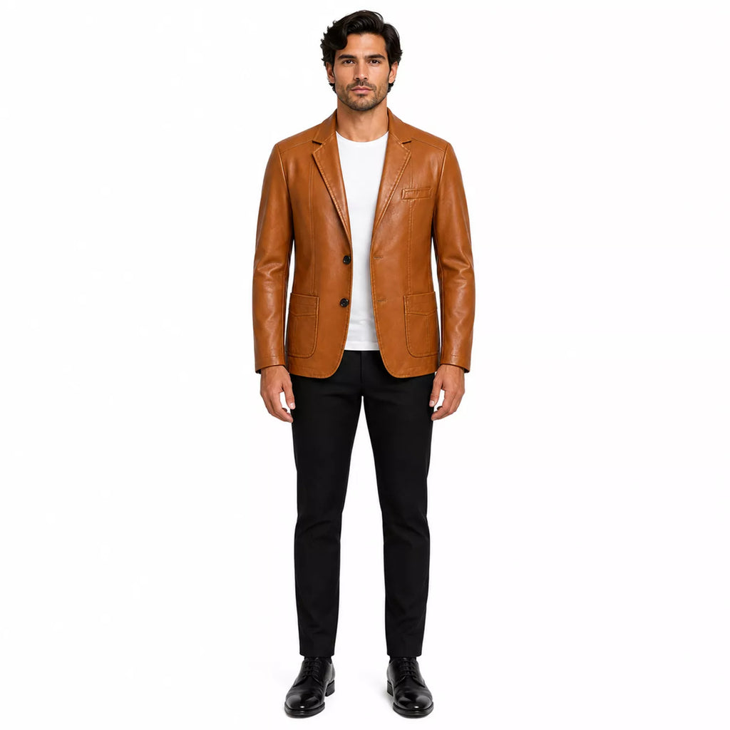 Men's Tan Brown Leather Blazer | Classic Notch Lapel Blazer