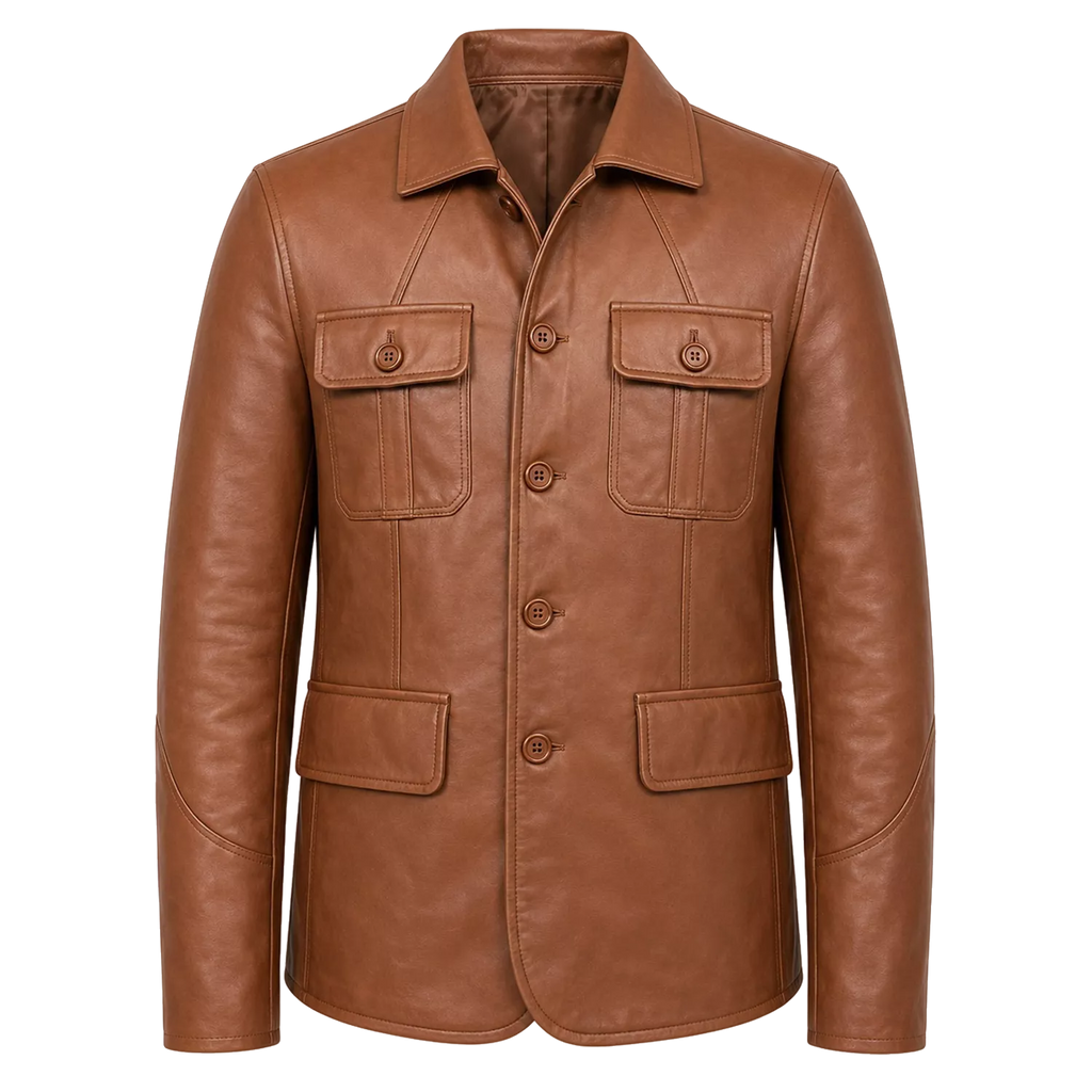 Men’s Tan Brown Leather Safari Blazer Jacket | Button-Up Utility Coat