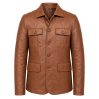Men’s Tan Brown Leather Safari Blazer Jacket | Button-Up Utility Coat