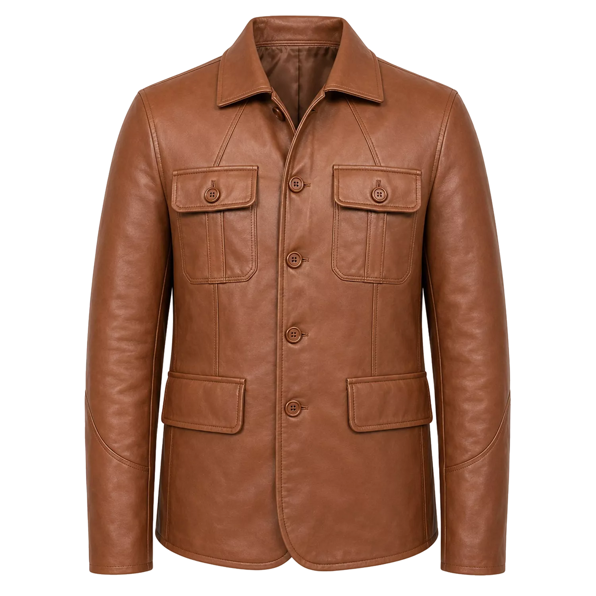 Men’s Tan Brown Leather Safari Blazer Jacket | Button-Up Utility Coat