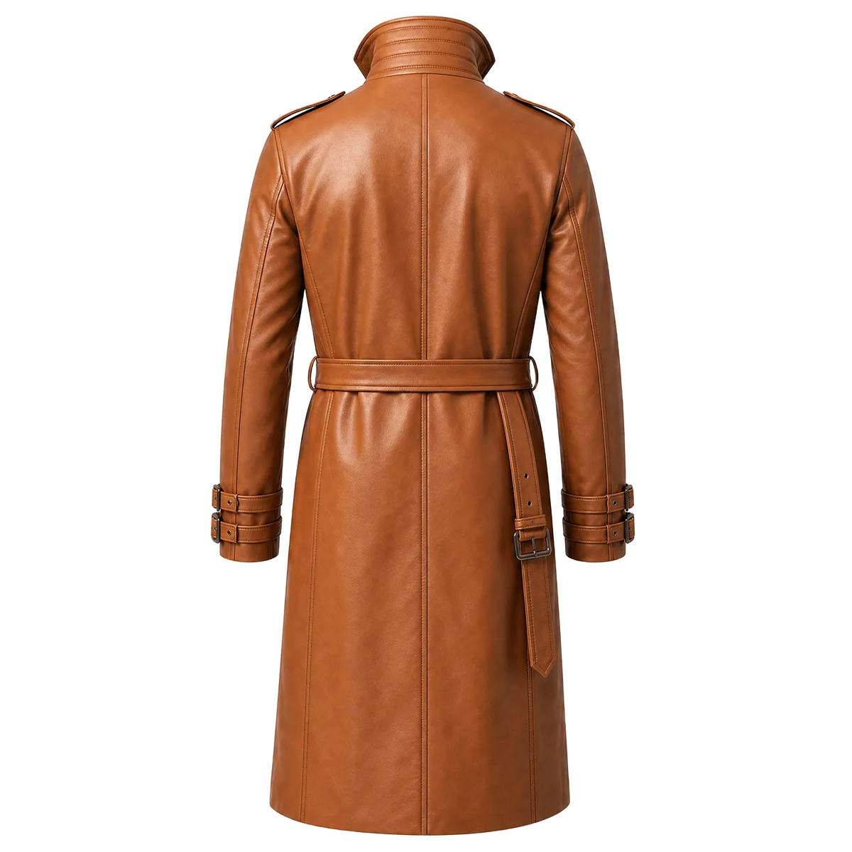 Men’s Tan Brown Leather Trench Coat | Belted Longline Classic Style