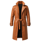 Men’s Tan Brown Leather Trench Coat | Belted Longline Classic Style