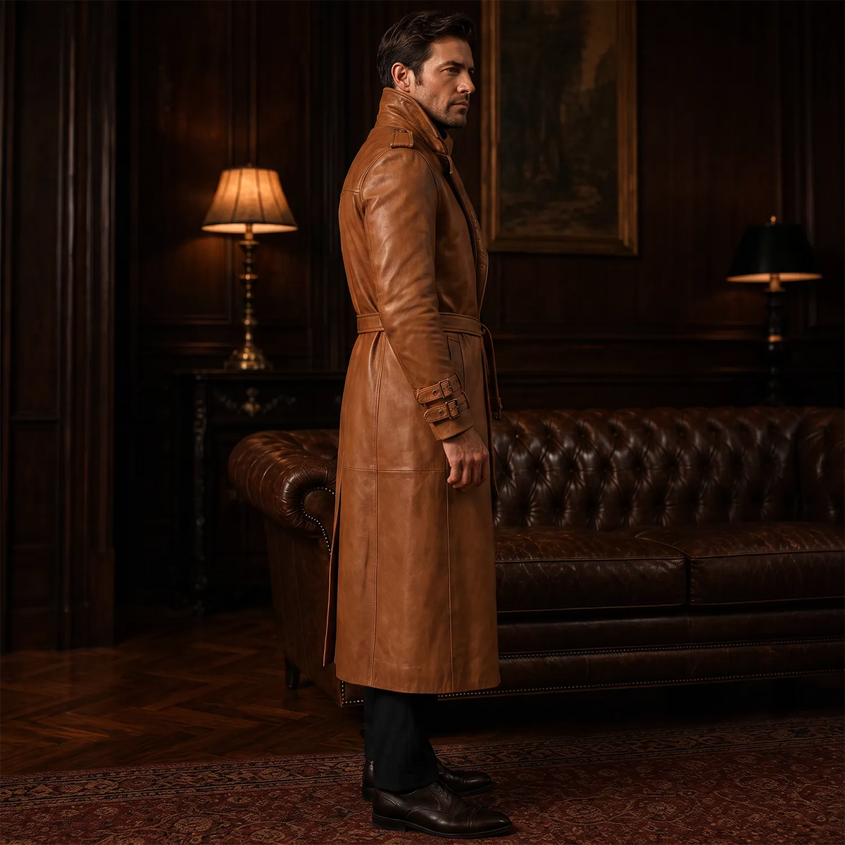 Men’s Tan Brown Leather Trench Coat | Belted Longline Classic Style