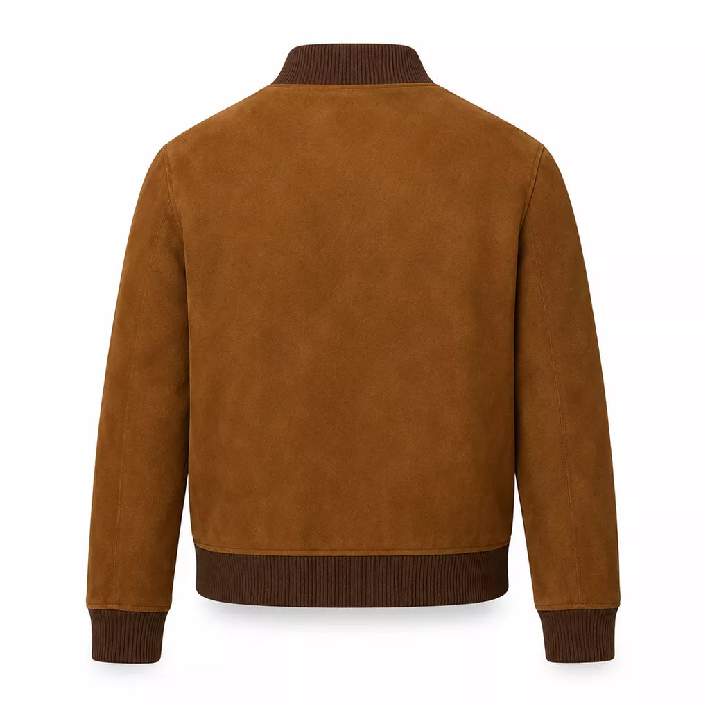 Men’s Tan Brown Suede Bomber Jacket | Ribbed Collar Zip-Up Jacket