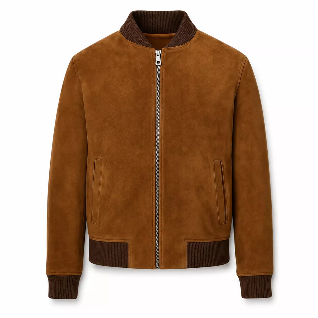 Men’s Tan Brown Suede Bomber Jacket | Ribbed Collar Zip-Up Jacket