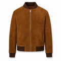 Men’s Tan Brown Suede Bomber Jacket | Ribbed Collar Zip-Up Jacket