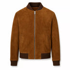 Men’s Tan Brown Suede Bomber Jacket | Ribbed Collar Zip-Up Jacket
