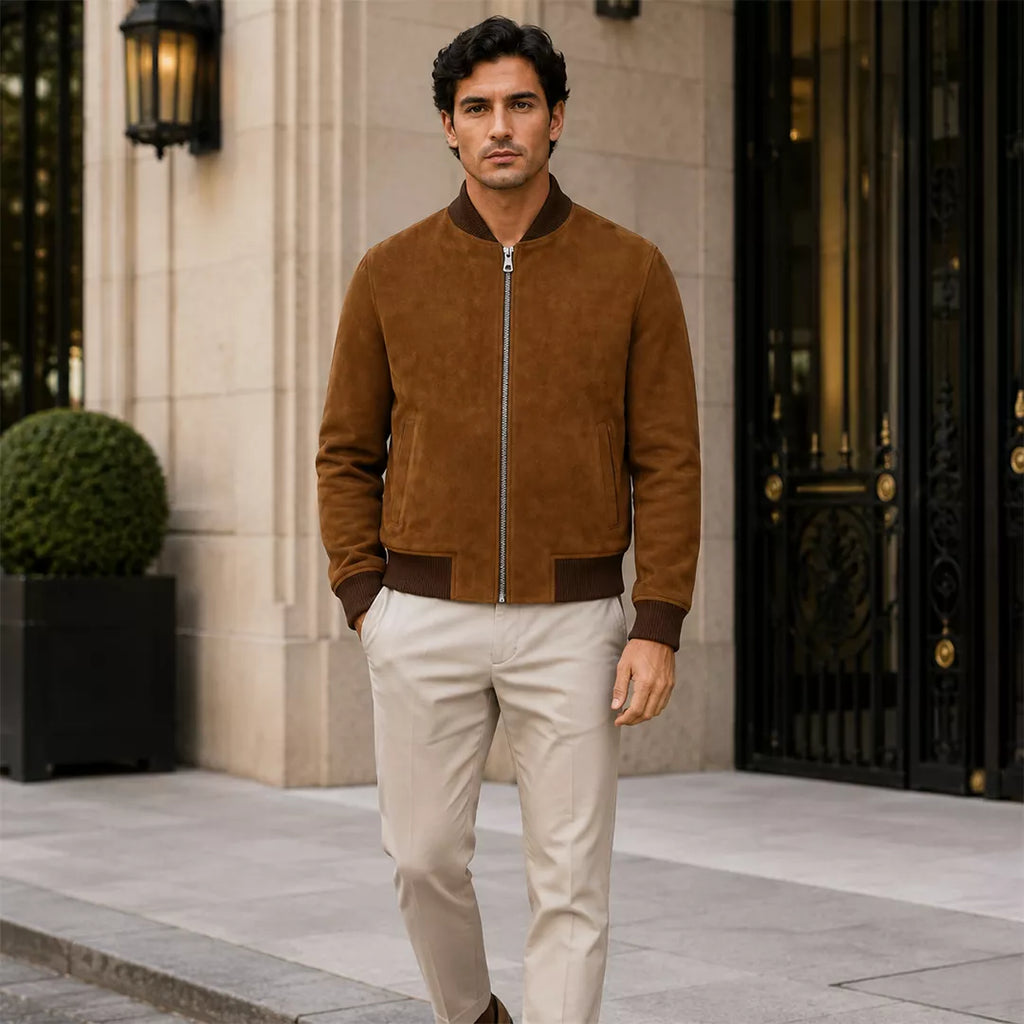 Men’s Tan Brown Suede Bomber Jacket | Ribbed Collar Zip-Up Jacket