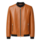 Men’s Camel Brown Leather Bomber Jacket with Black Ribbed Collar