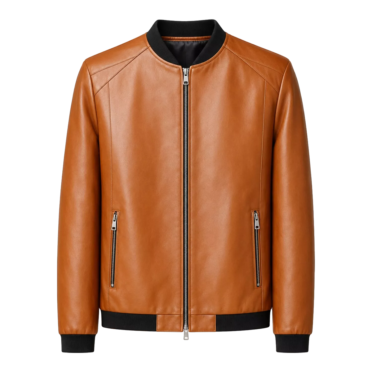 Men’s Camel Brown Leather Bomber Jacket with Black Ribbed Collar