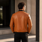 Men’s Camel Brown Leather Bomber Jacket with Black Ribbed Collar
