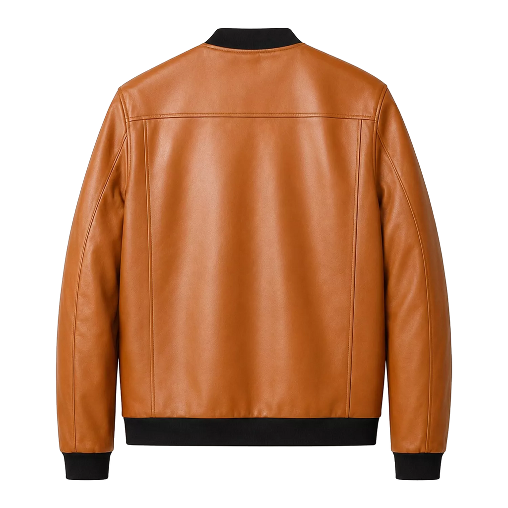 Men’s Camel Brown Leather Bomber Jacket with Black Ribbed Collar