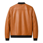 Men’s Camel Brown Leather Bomber Jacket with Black Ribbed Collar