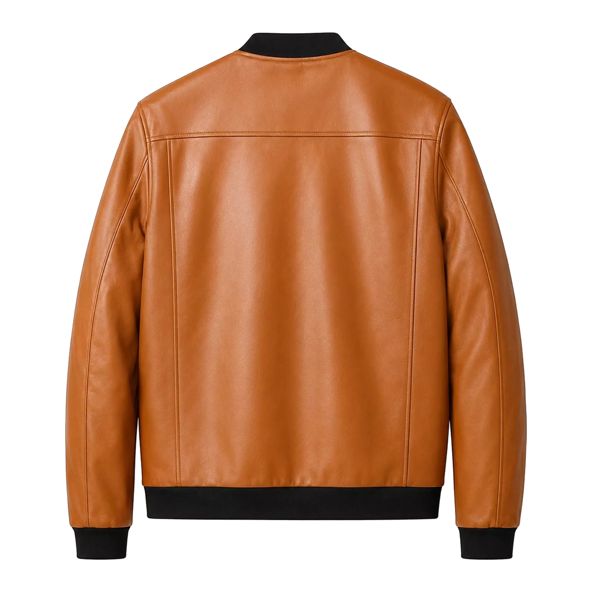 Men’s Camel Brown Leather Bomber Jacket with Black Ribbed Collar