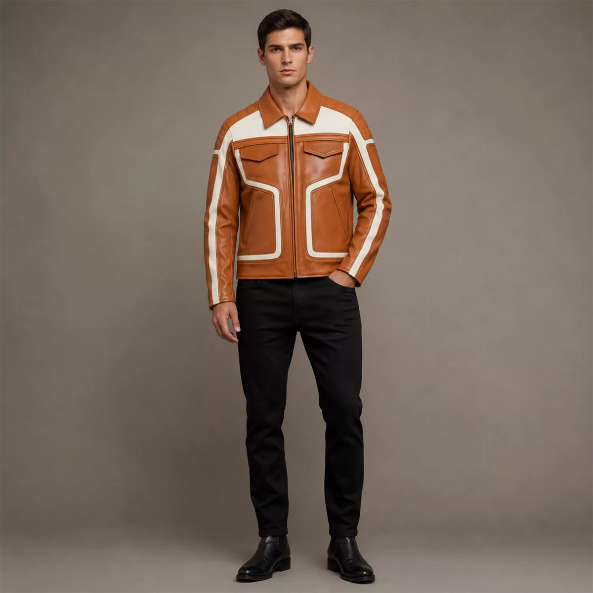 Men’s Tan White Leather Moto Biker Jacket | Zip-Up Racing Style Jacket