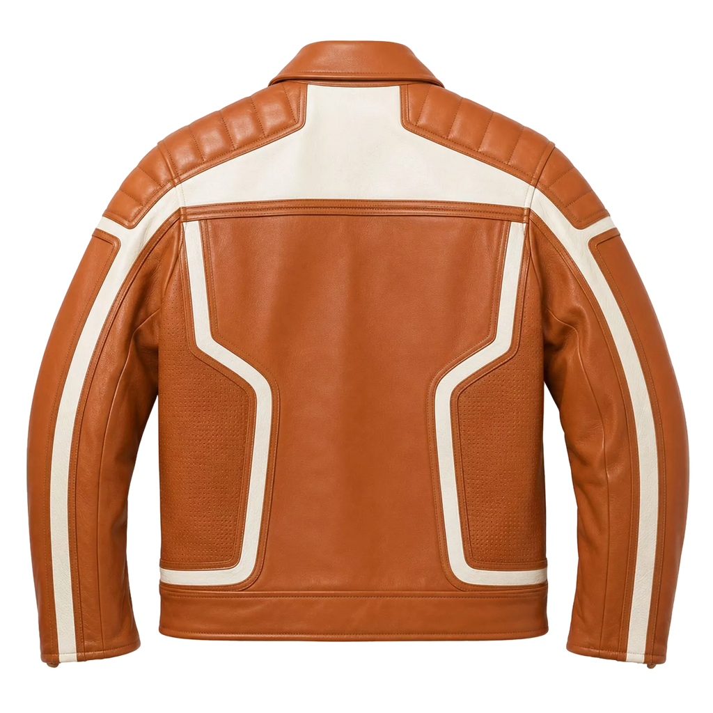 Men’s Tan White Leather Moto Biker Jacket | Zip-Up Racing Style Jacket